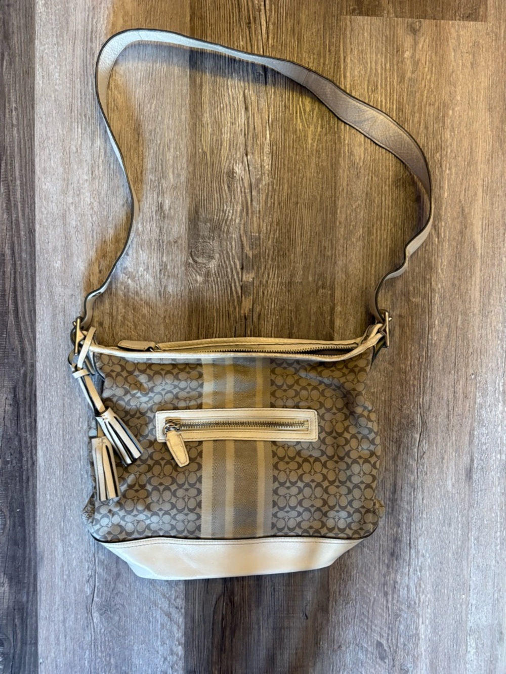 Coach Beige Signature Crossbody with Tassel Trim